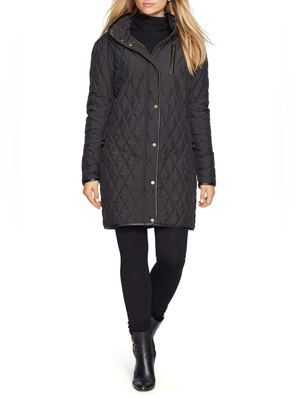 Lauren Ralph Lauren‎ Women's Faux-Leather Trim Black Quilted Coat Lined XS